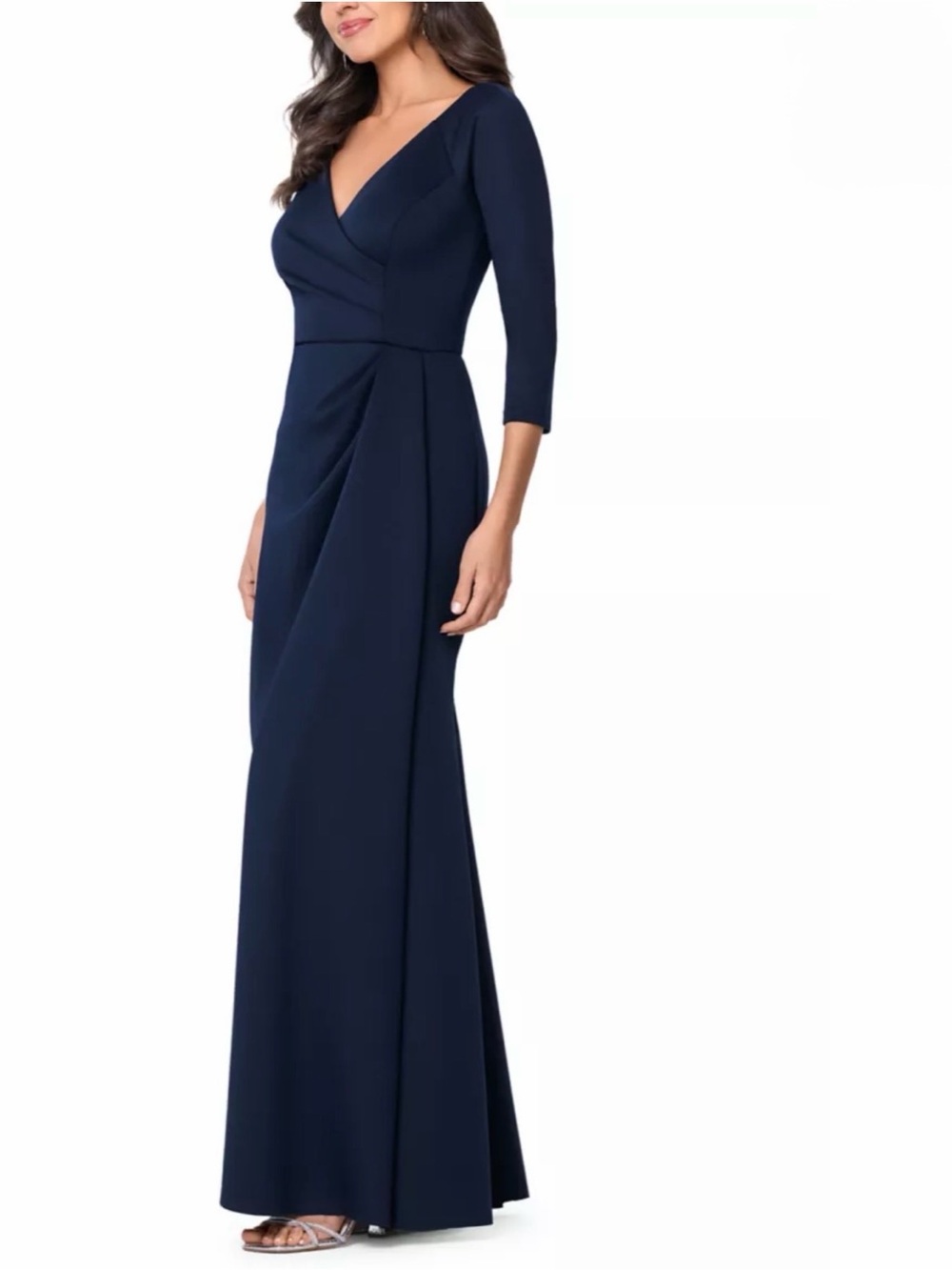 Xscape Elegant Navy V-Neck Maxi Dress with 3/4 Sleeves - Picture 3 of 8